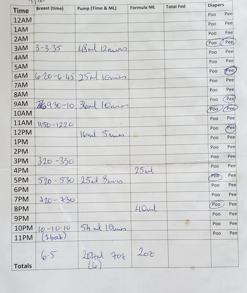 My breastfeeding template for tracking feedings, pees and poops each day for the first 2 months until we established a routine and were able to stop supplementing with formula.